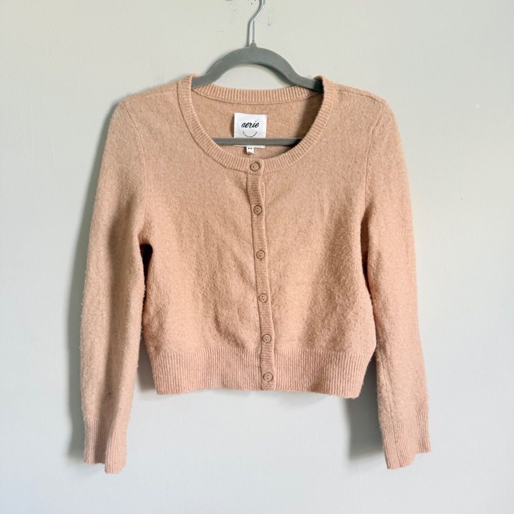 Aerie Womens Peach Cropped Button Front Cardigan Sweater Alpaca Wool Blend M